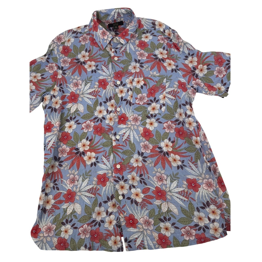 Club‎ Room Linen Hawaiian Shirt Mens Medium Blue Floral Tropical Short Sleeve